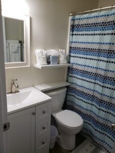 A blue and white bathroom